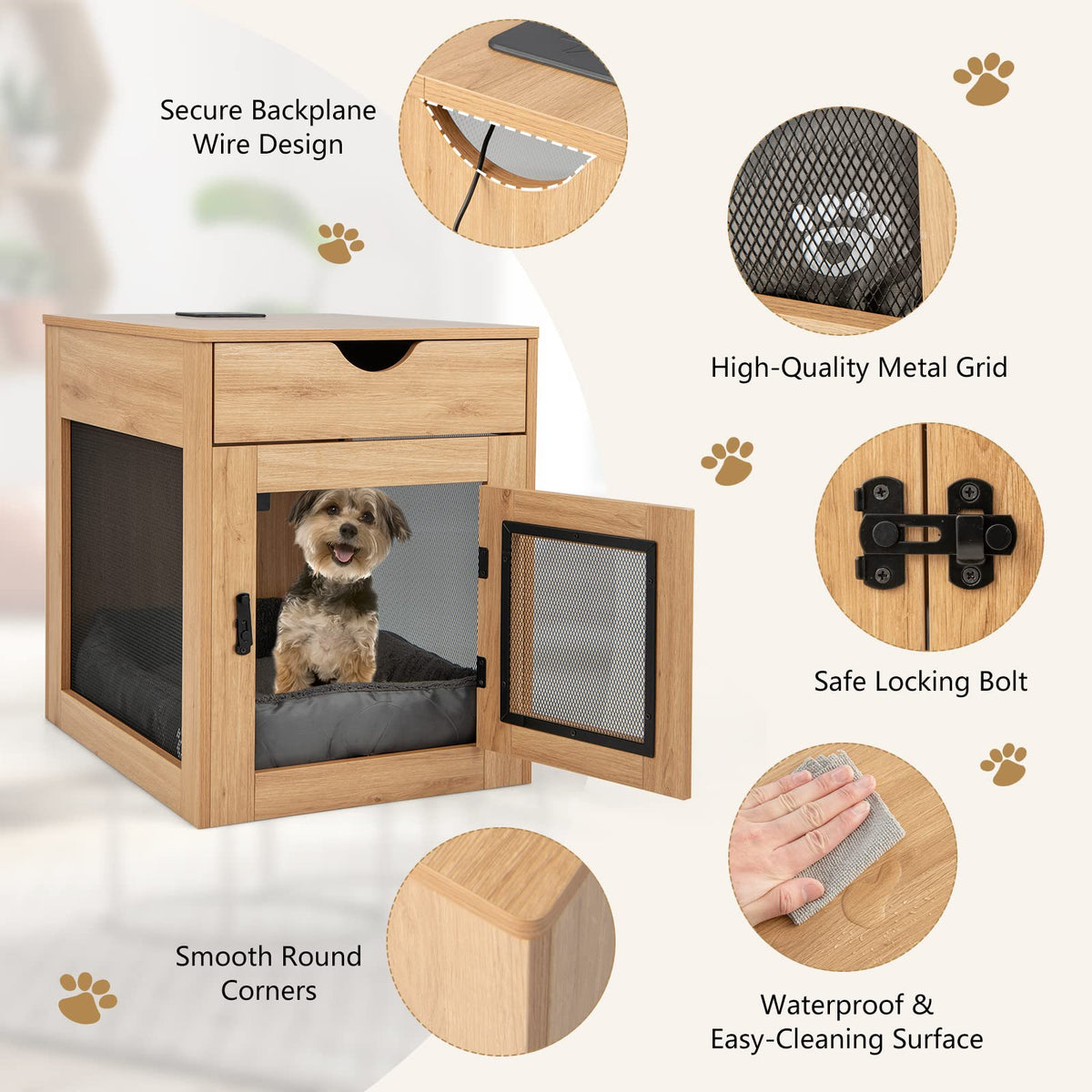 Furniture Style Dog Crate with Wired & Wireless Charging, Decorative Dog Kennel End Table w/Drawer, Removable Dog Bed