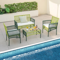 4 Piece Patio Round Wicker Conversation Set W/Soft Cushions