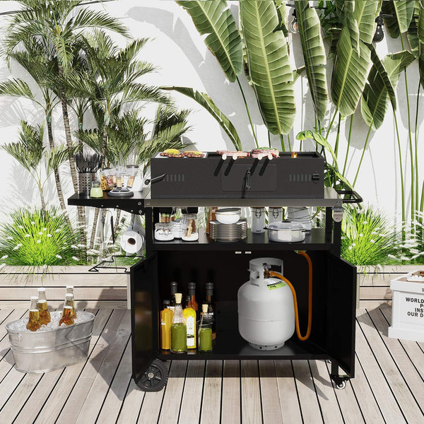 Grill Cart with Storage Outdoor Kitchen Island with Folding Stainless Steel Top