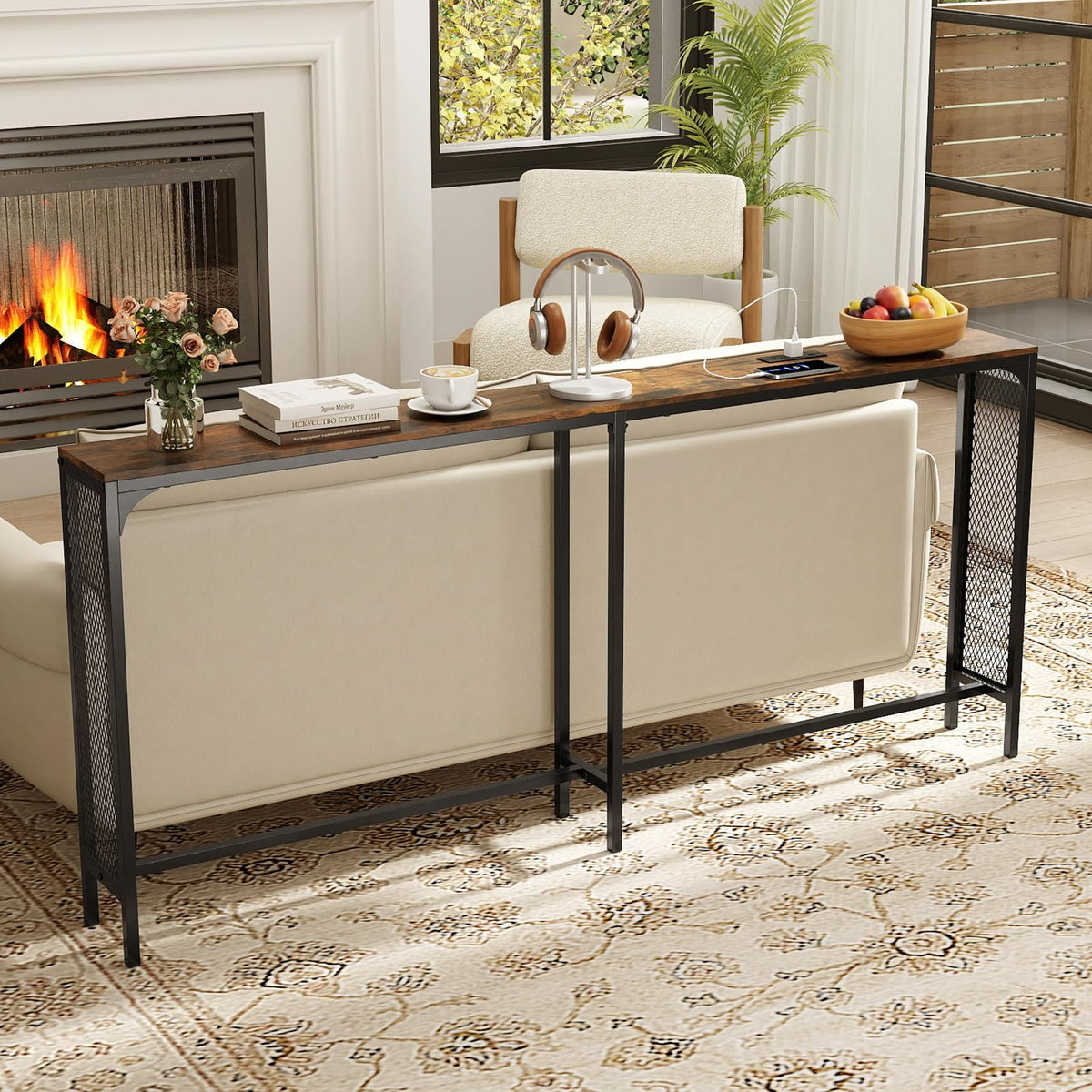 180cm Console Table w/Power Outlet, Narrow Sofa Table