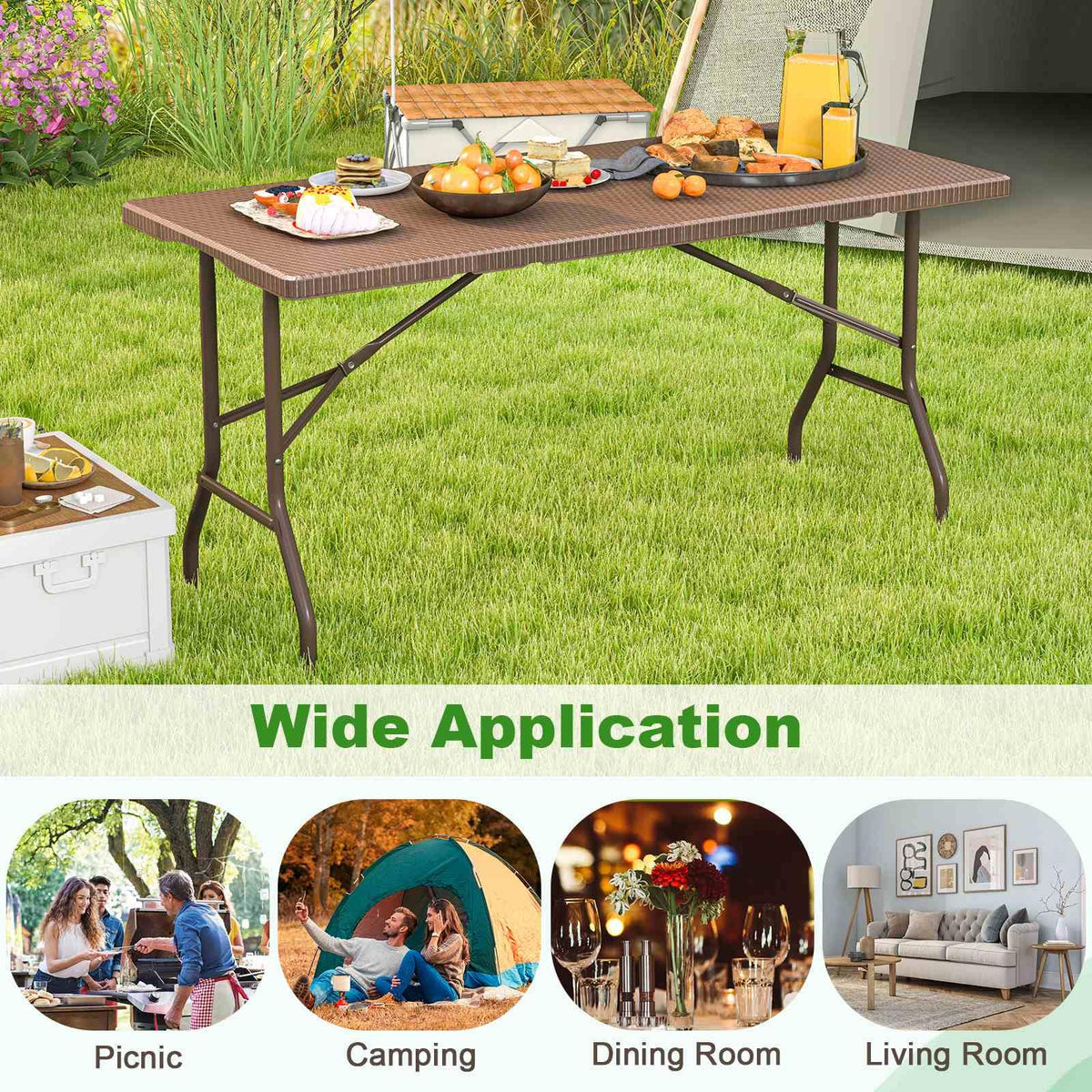 1.5m Folding Picnic Table, Outdoor Dining Table w/Rattan Grain HDPE Tabletop, Sturdy Metal Fame