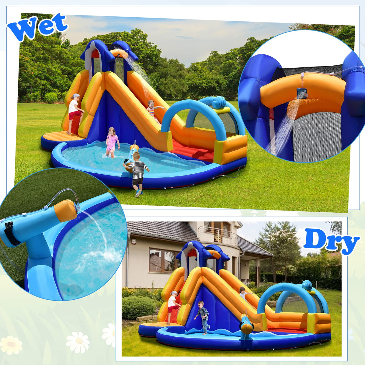 Shark Theme Bouncy House with Slide, Splash Pool, Climbing Wall, Water Gun, Outdoor Jumping Castle with Hose, Carry Bag, Stakes (without Blower)