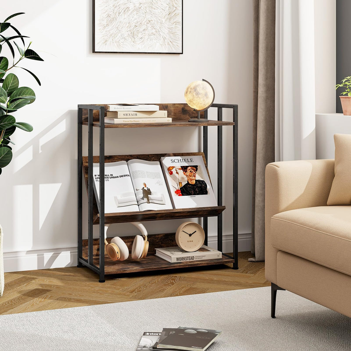 Giantex 3-Tier Bookshelf, Industrial Corner Storage Shelf with Adjustable Shelves & Metal Frame Anti-Toppling Device