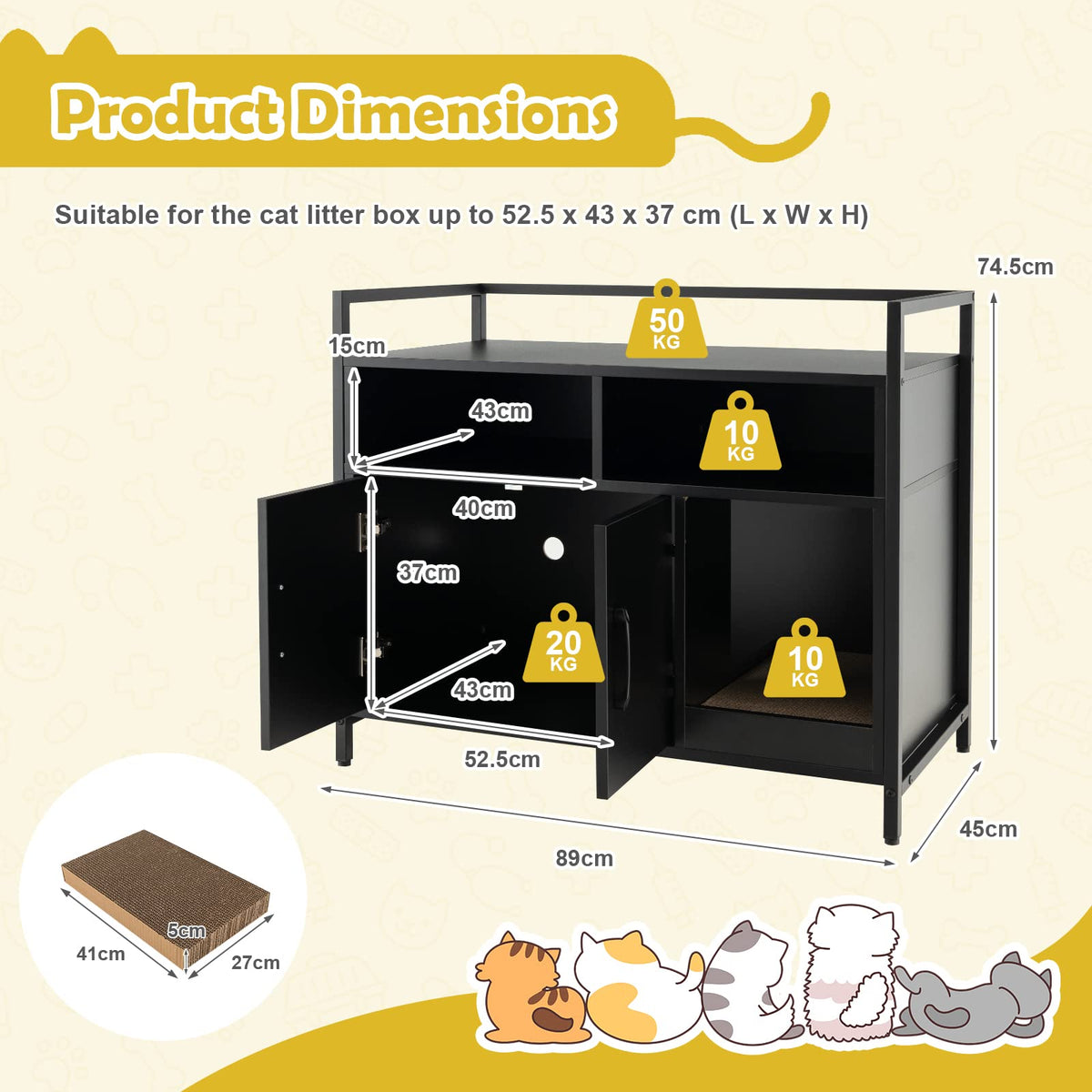 Cat Litter Box Enclosure, Hidden Cat Washroom w/Double Doors & Scratch Cardboard