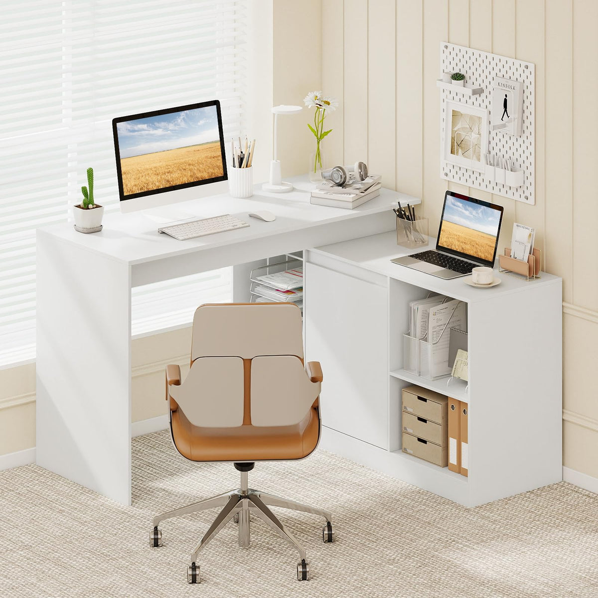 L-shaped Computer Desk Reversible Writing Desk with 4 Storage Compartments