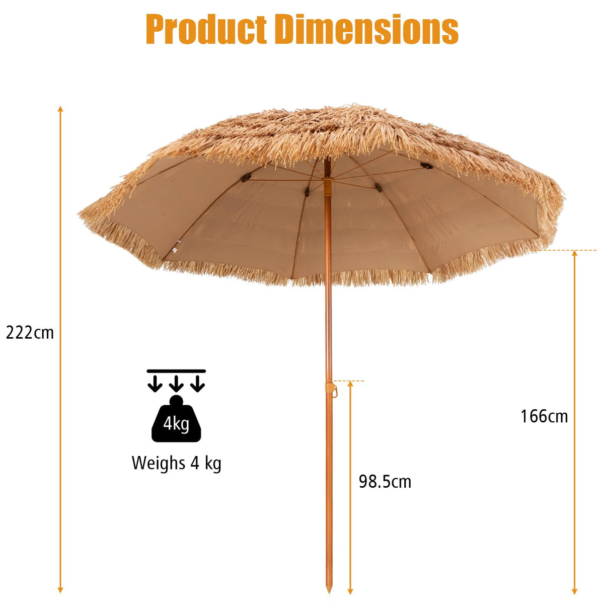 8 FT Thatched Tiki Umbrella, Hawaiian Style Outdoor Hula Umbrella w/8 Metal Ribs