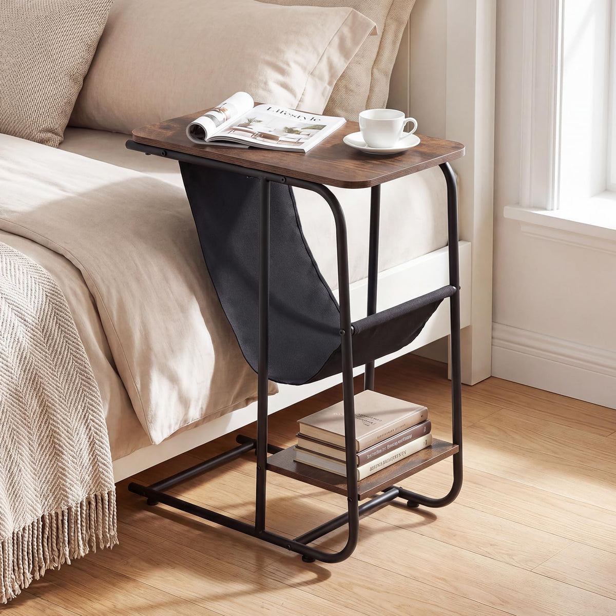 Giantex C-Shaped End Table with Canvas Book Holder & Bottom Storage Shelf