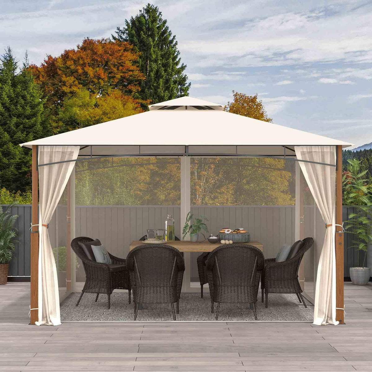 3.6M x 3M Outdoor Patio Gazebo with Netting and 2-Tier Canopy Roof