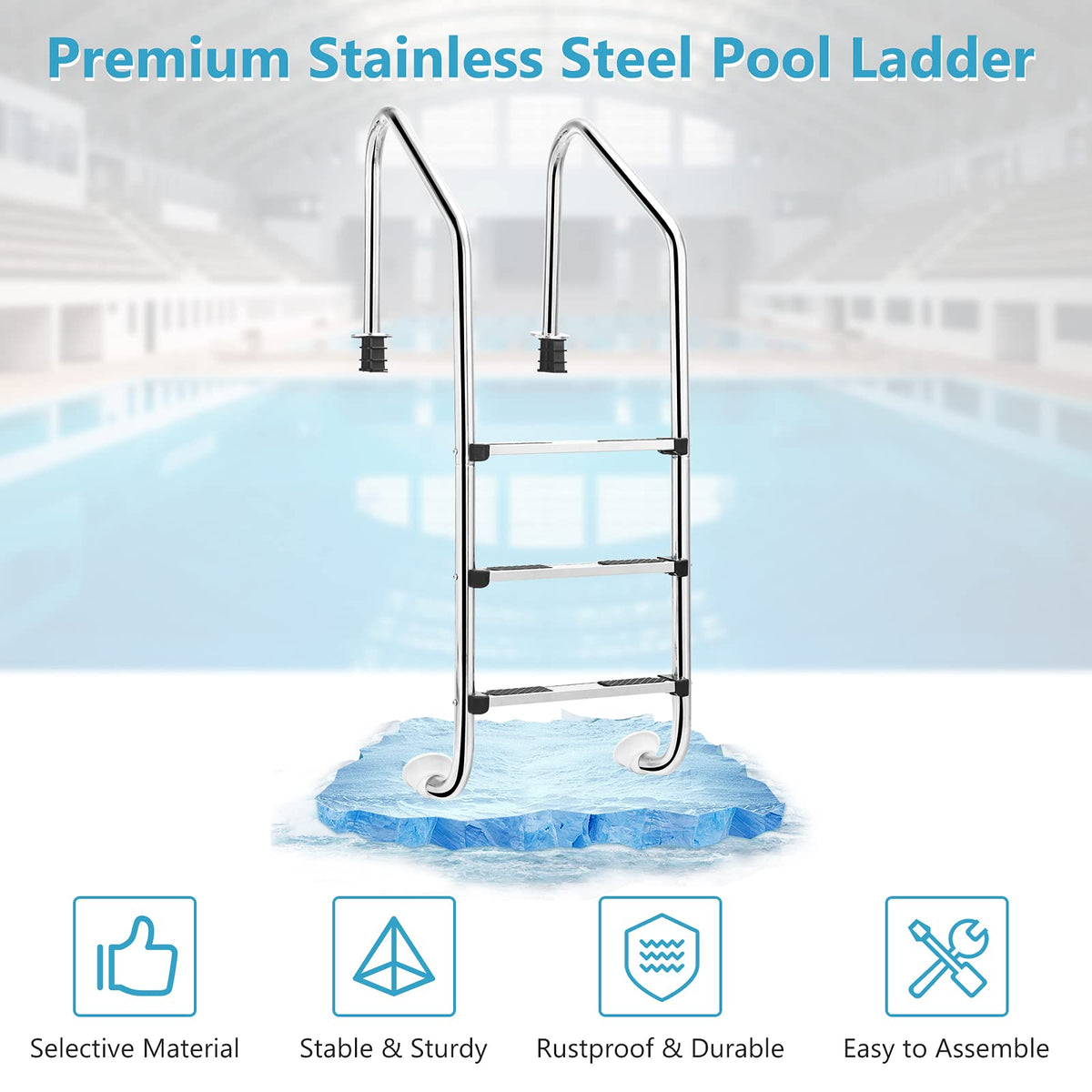 3-Step Split Stainless Steel Pool Ladder, Heavy Duty Steel Ladder for In Ground Pools