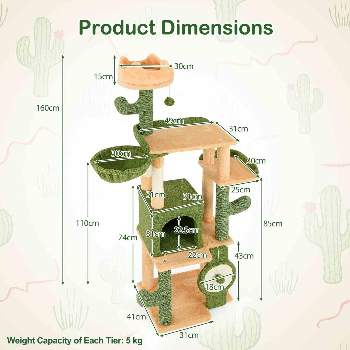 160cm Cactus Cat Tree for Indoor Cats Modern Multi-level Cat Tower w/Sisal Posts