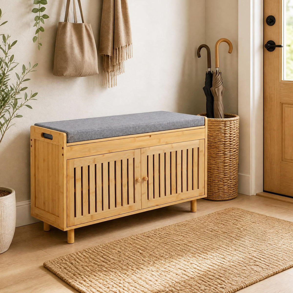 90 cm Bamboo Shoe Storage Bench with Lift Top and Cushion for Entryway