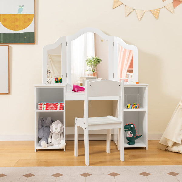 2 In 1 Kids Vanity Table and Chair Set with Removable Tri-fold Mirror for Girls Aged 3+