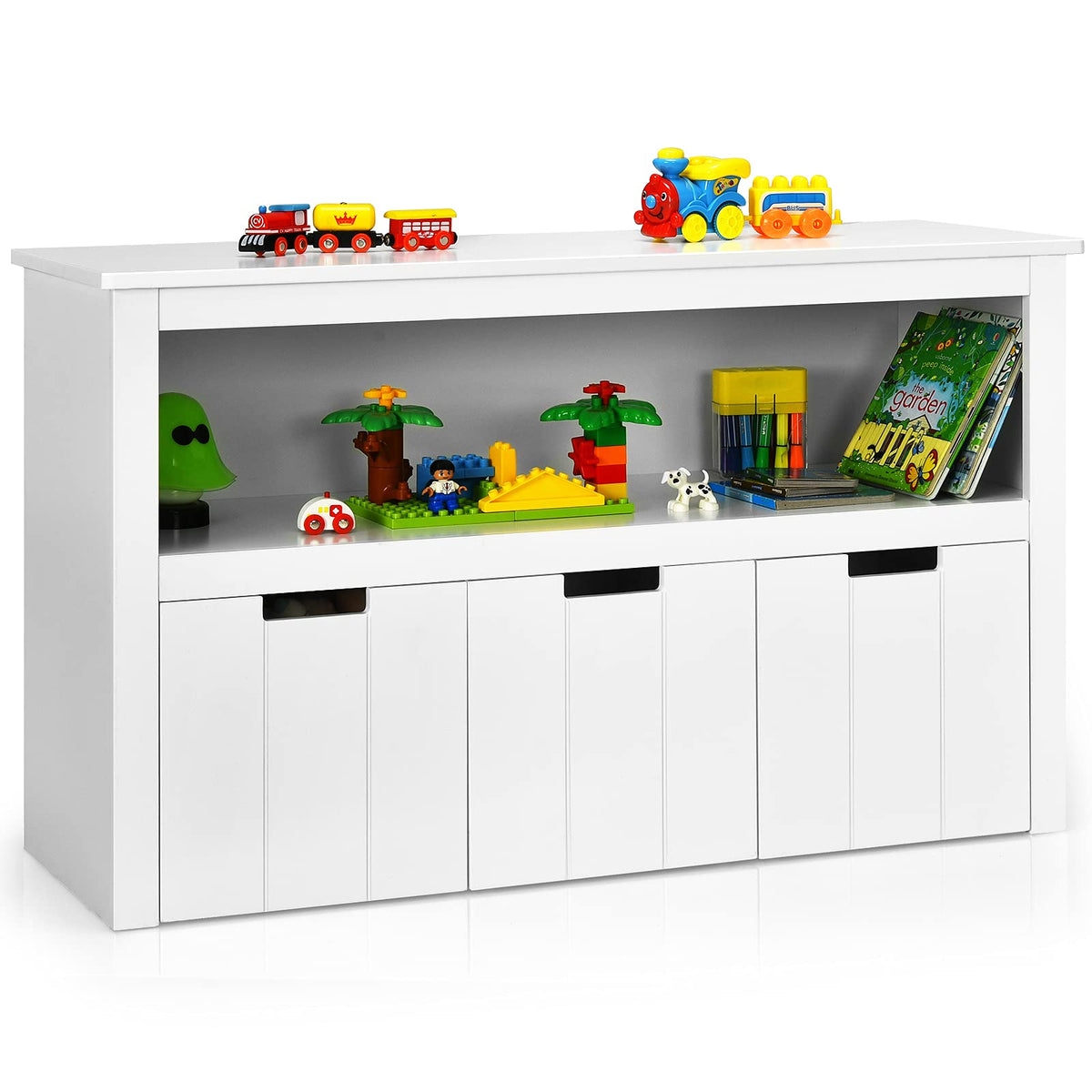 Kids Toy Storage Cabinet with 3 Removable Drawers, Rolling Wheels & Open Shelf