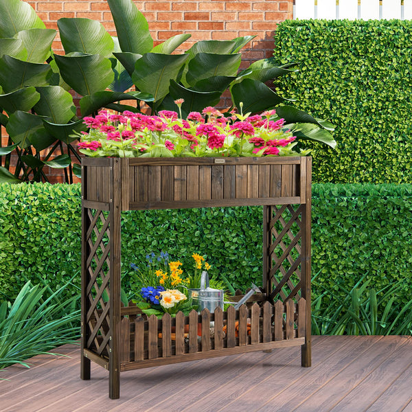 Giantex Wooden Raised Garden Bed, 2-Tier Elevated Planter Box Stand w/Shelf Fence