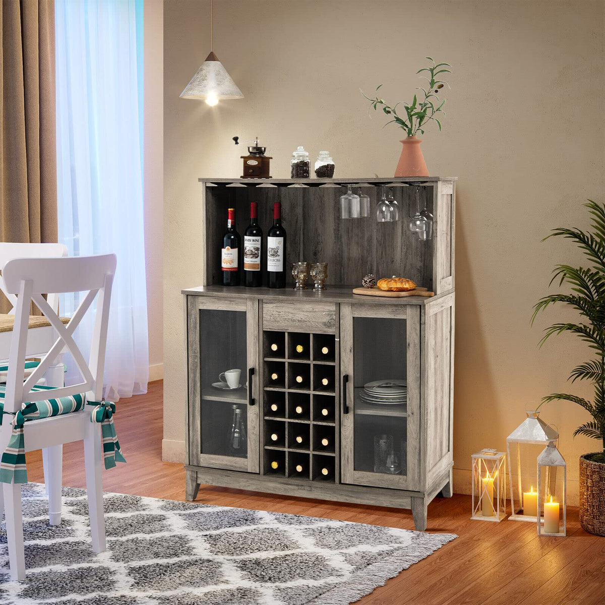 Giantex Freestanding Kitchen Buffet Cabinet, Wood 2-Door Sideboard w/Detachable Wine Rack & Glass Holder