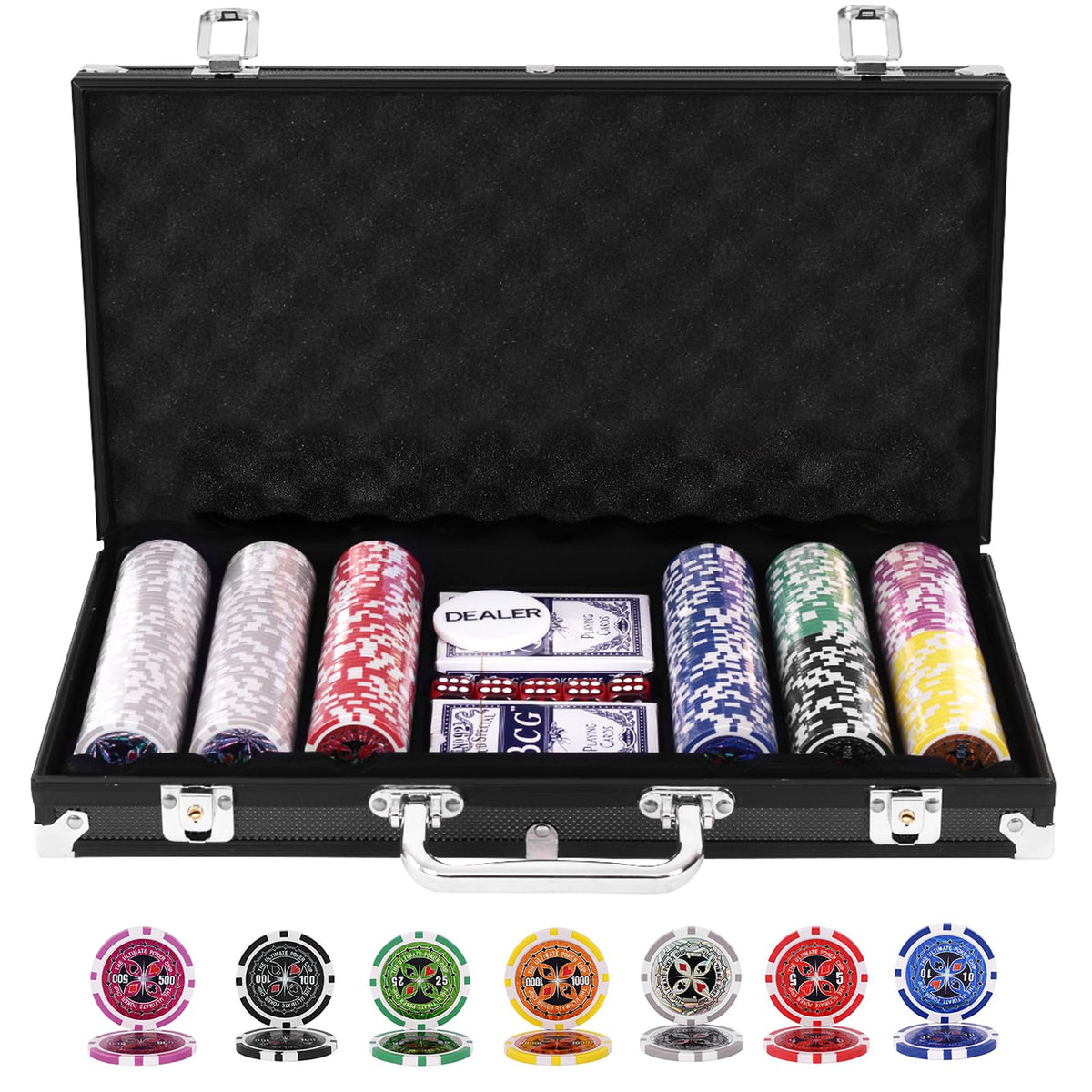 300 Pieces Casino Poker Chip Set with Aluminum Case for Party & Game