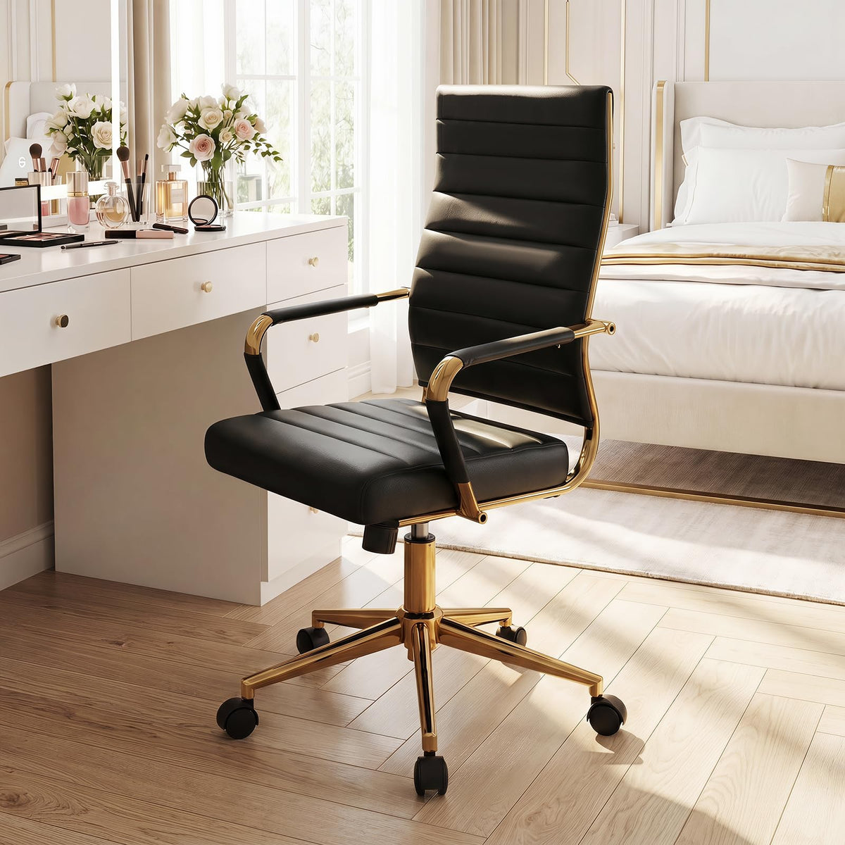 Ribbed PU Leather Office Chair with Armrests and Reclining Backrest