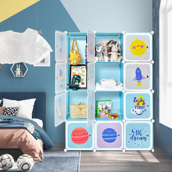 Portable Kids Wardrobe, 12-Cube Baby Closet Organizer for Children with Doors & Hanging Section