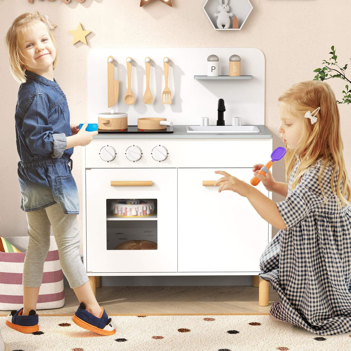 Kids Kitchen Playset, Toddler Pretend Play Kitchen with Light up Stove & Cooking Sounds