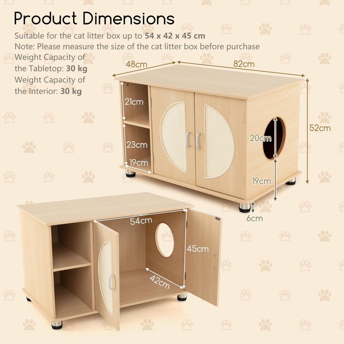 Cat Litter Box Enclosure w/Sisal Scratching Doors, Adjustable Metal Feet