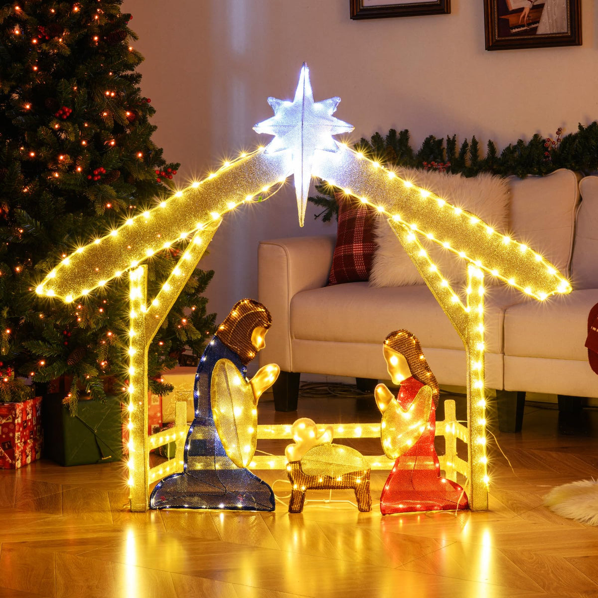 121cm Pre-lit Christmas Holy Family Set with 272 Warm Cold White LED Lights