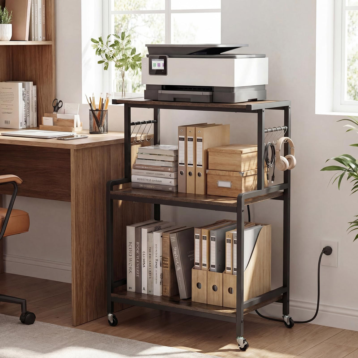 3-Tier Kitchen Rolling Cart with Power Outlets 10 S-Shaped Hooks