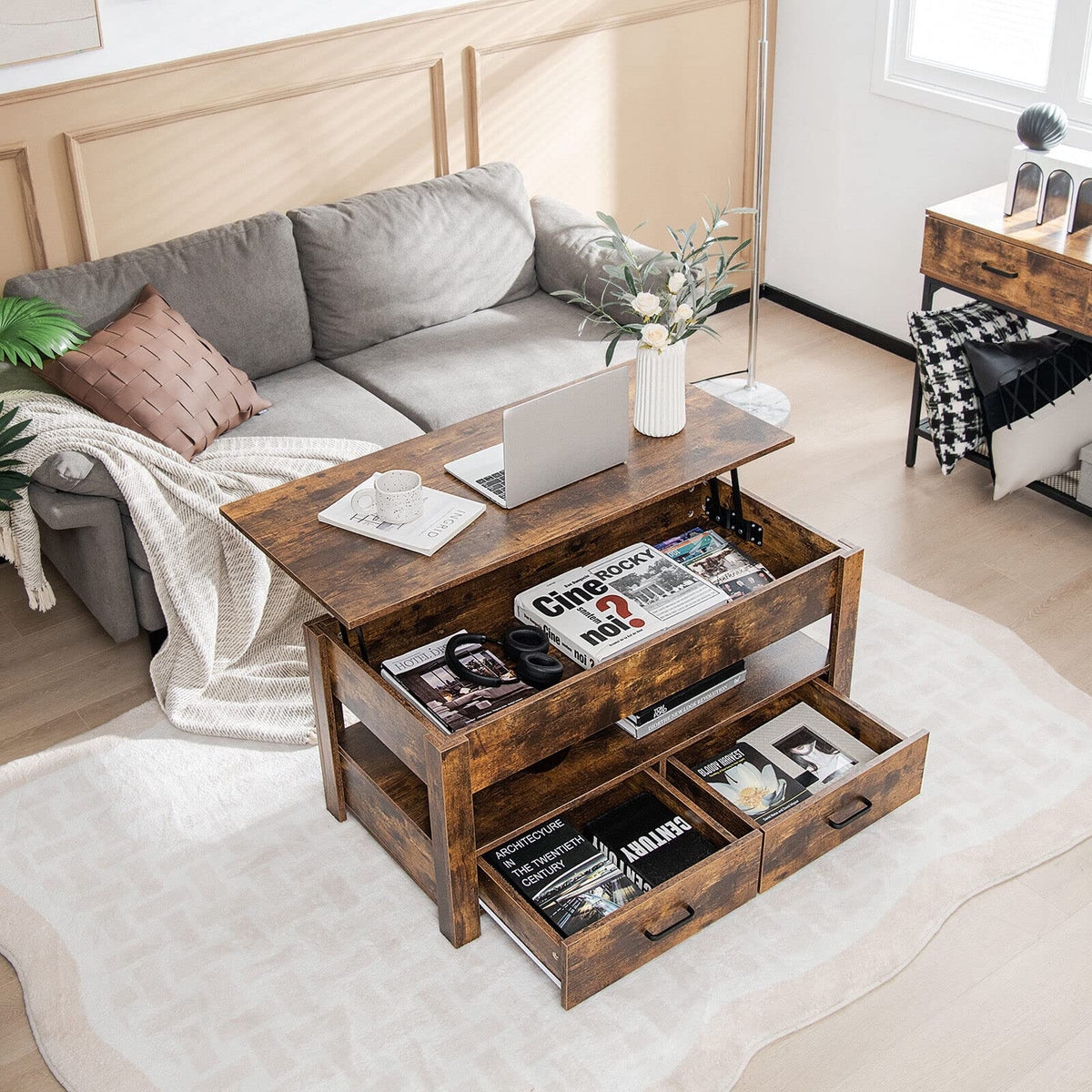Giantex Lift Top Coffee Table, Industrial Accent Table with Enclosed Compartment, Rustic Brown