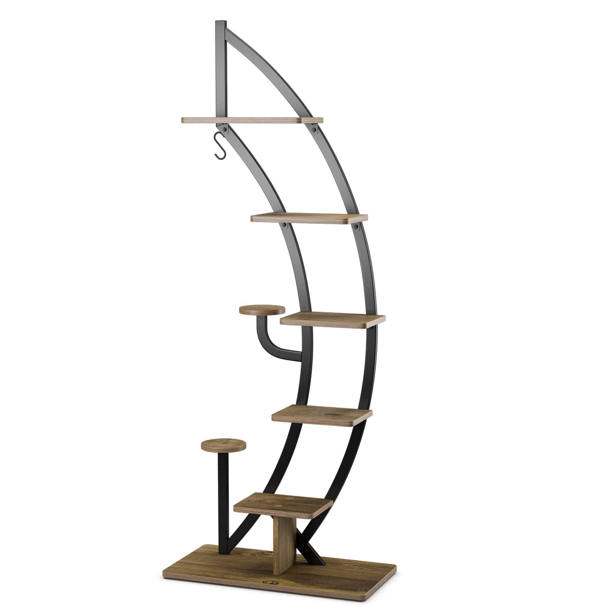 6-Tier Tall Metal Plant Stand Rack, Curved Half Moon Shape Ladder Planter Shelf W/ Top Hook