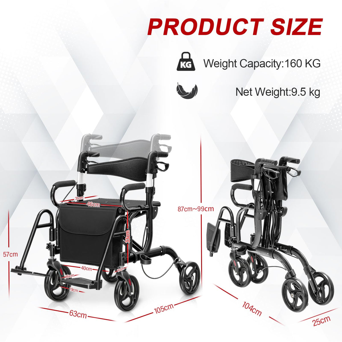 2-in-1 Folding Rollator Walker