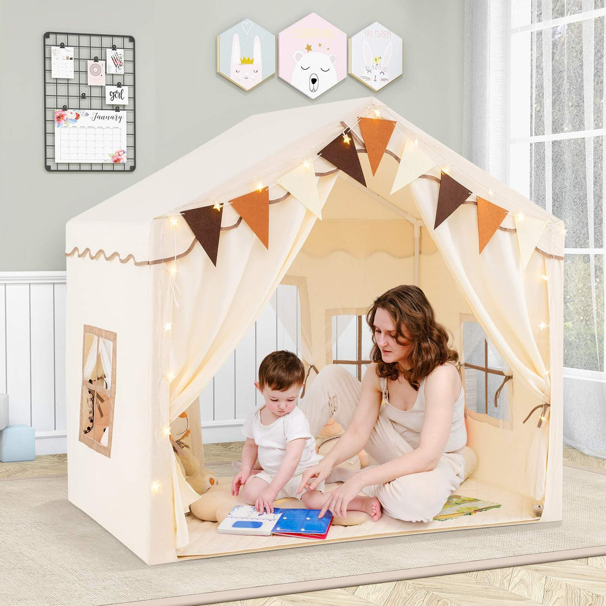 3-4 Kids Large Play Tent House with 2 Opening Doors Star Lights