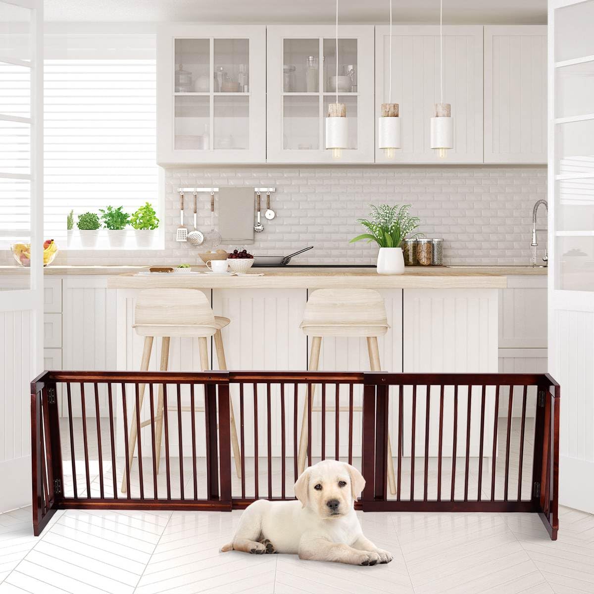 3 Panel Folding Wood Pet Slide Gate with Adjustable Length for Dogs