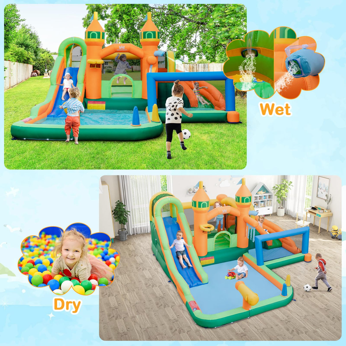 Inflatable Water Slide, Kids Water Park w/Long Slides, Splash Pools, Climbing Wall, Water Gun