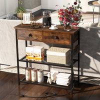 Giantex Entryway Table with Charging Station, Narrow Console Table with 2 Drawers & 2 Metal Mesh Shelves