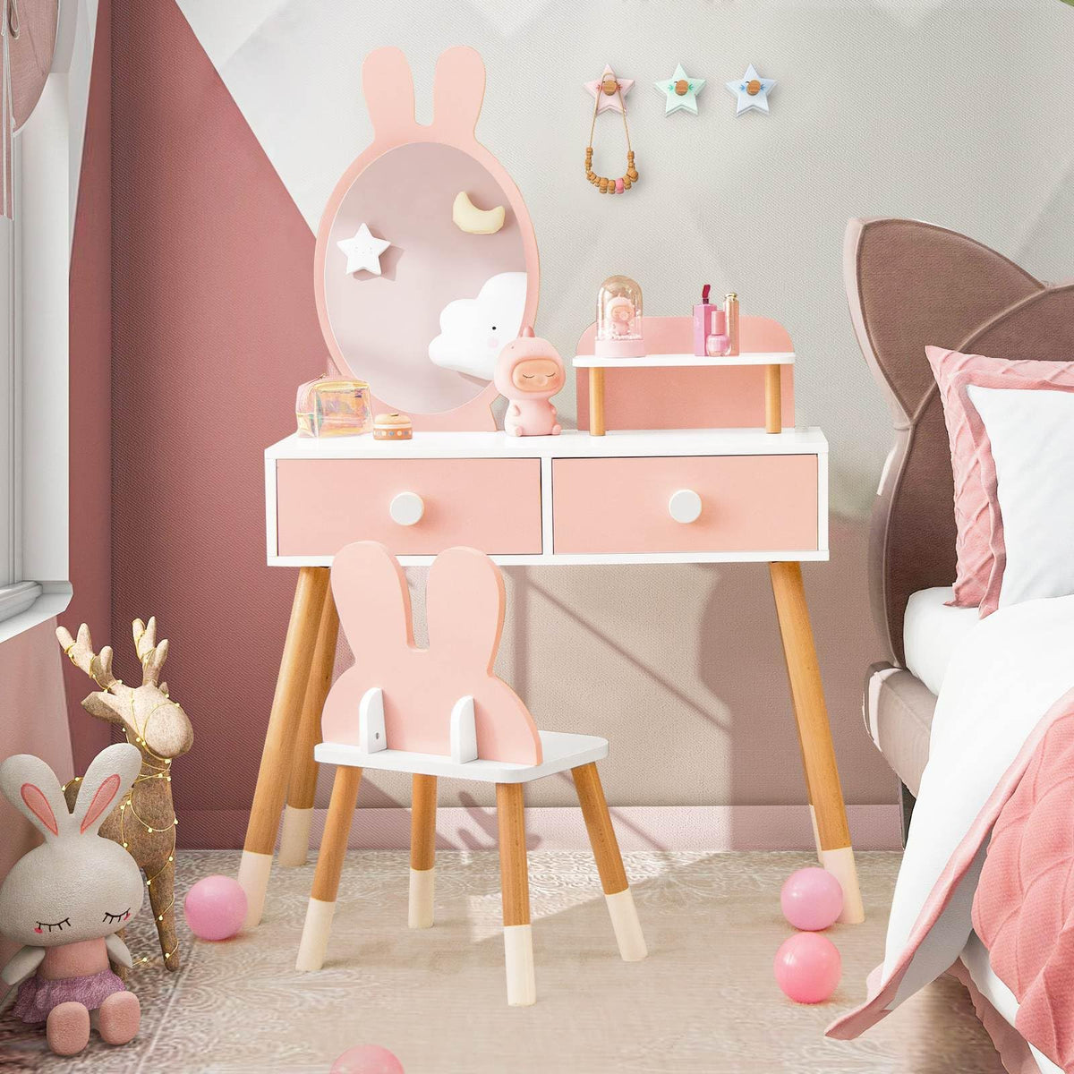 Kids Vanity Table and Chair Set with Removable Mirror and 2 Large Drawers for Toddlers