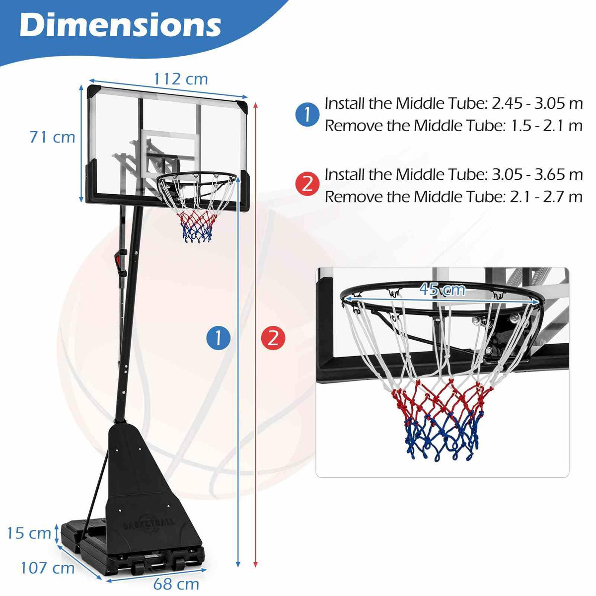 Portable Basketball Hoop, 1.5-3.05m Height Adjustable Basketball Goal System w/ 112 cm Shatterproof Backboard