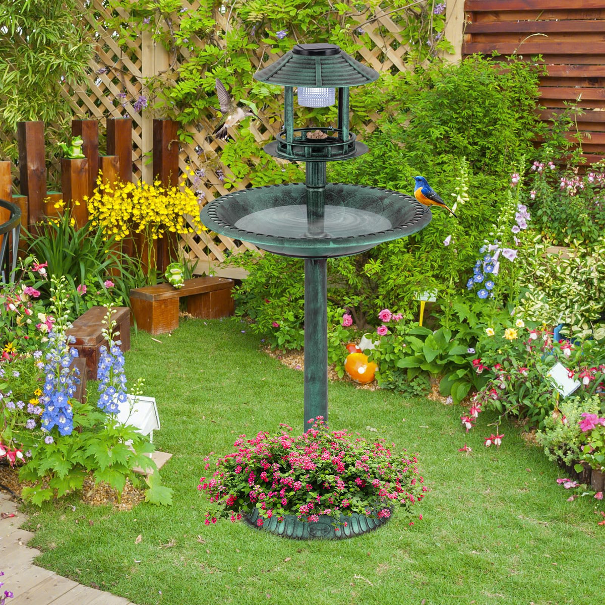 3-in-1 Outdoor Solar Lighted Bird Bath with Flower Planter Base