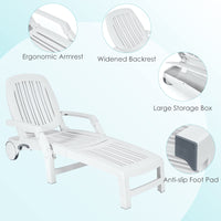 Outdoor Chaise Lounge Chair, 5-Position Adjustable Recliner with Storage Box and Flexible Wheels