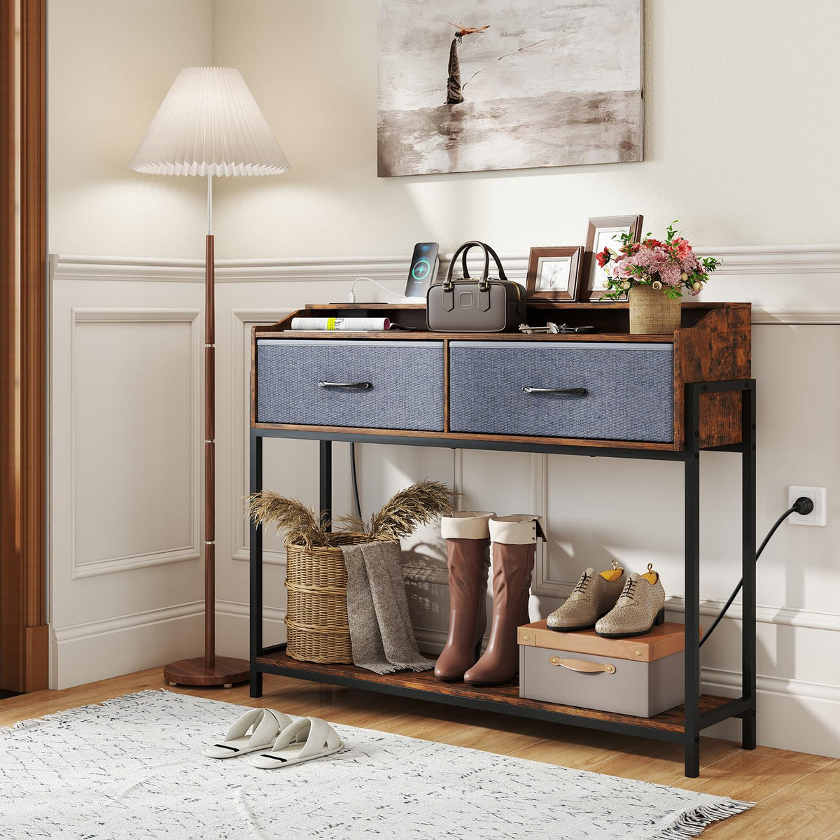 Giantex Console Table with Charging Station, 110 cm Narrow Entryway Table