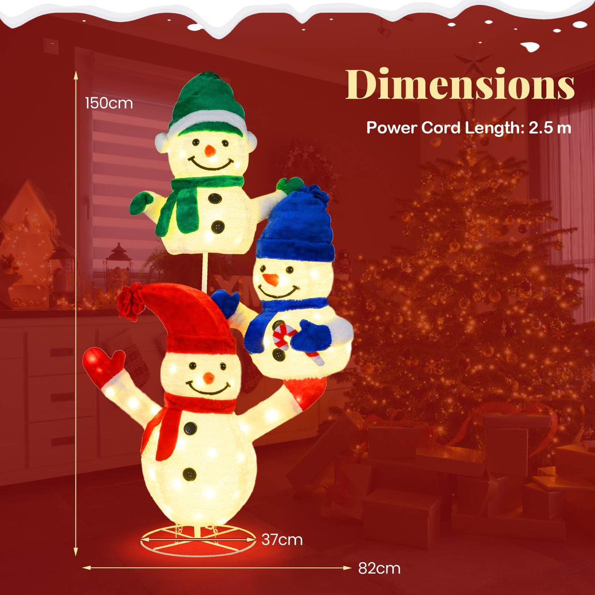 150cm Stacked Snowman Lighted Christmas Decoration, 3D Light-up Snowman with 110 LED Lights