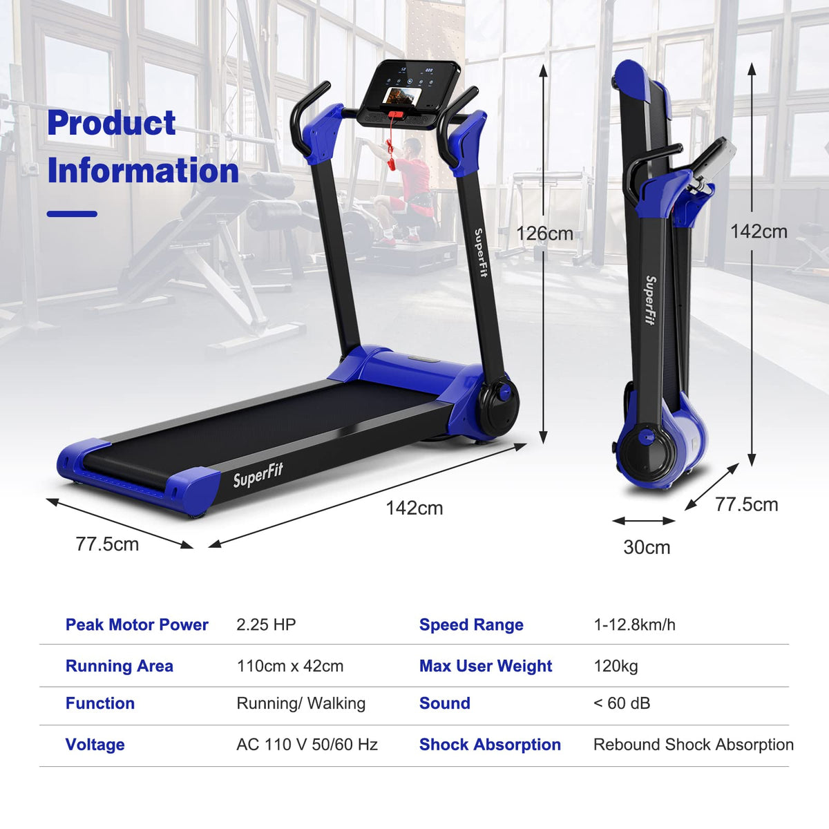 Foldable Electric Treadmill, 2.25 HP Running Machine W/LED Display, APP Control & Bluetooth Speaker