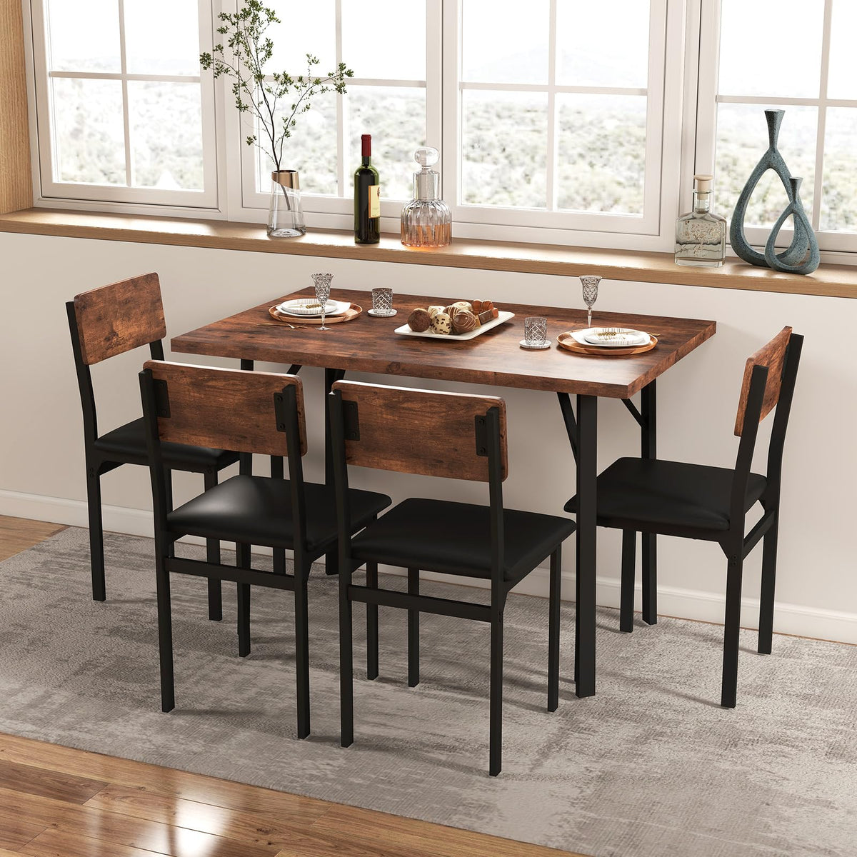 5-Piece Dining Table Set Industrial Kitchen Table and 4 PU Leather Upholstered Chairs
