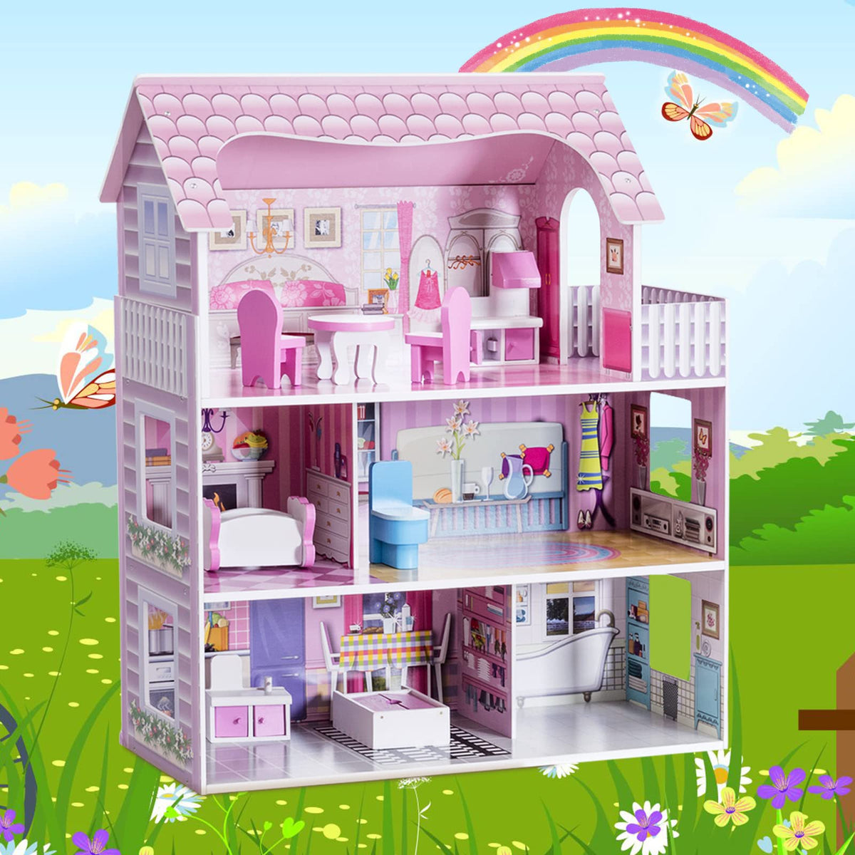 Pretend Play Kids Doll’s House w/3 Floors & 5 Rooms, Princess Mini Toy House Furniture Playset