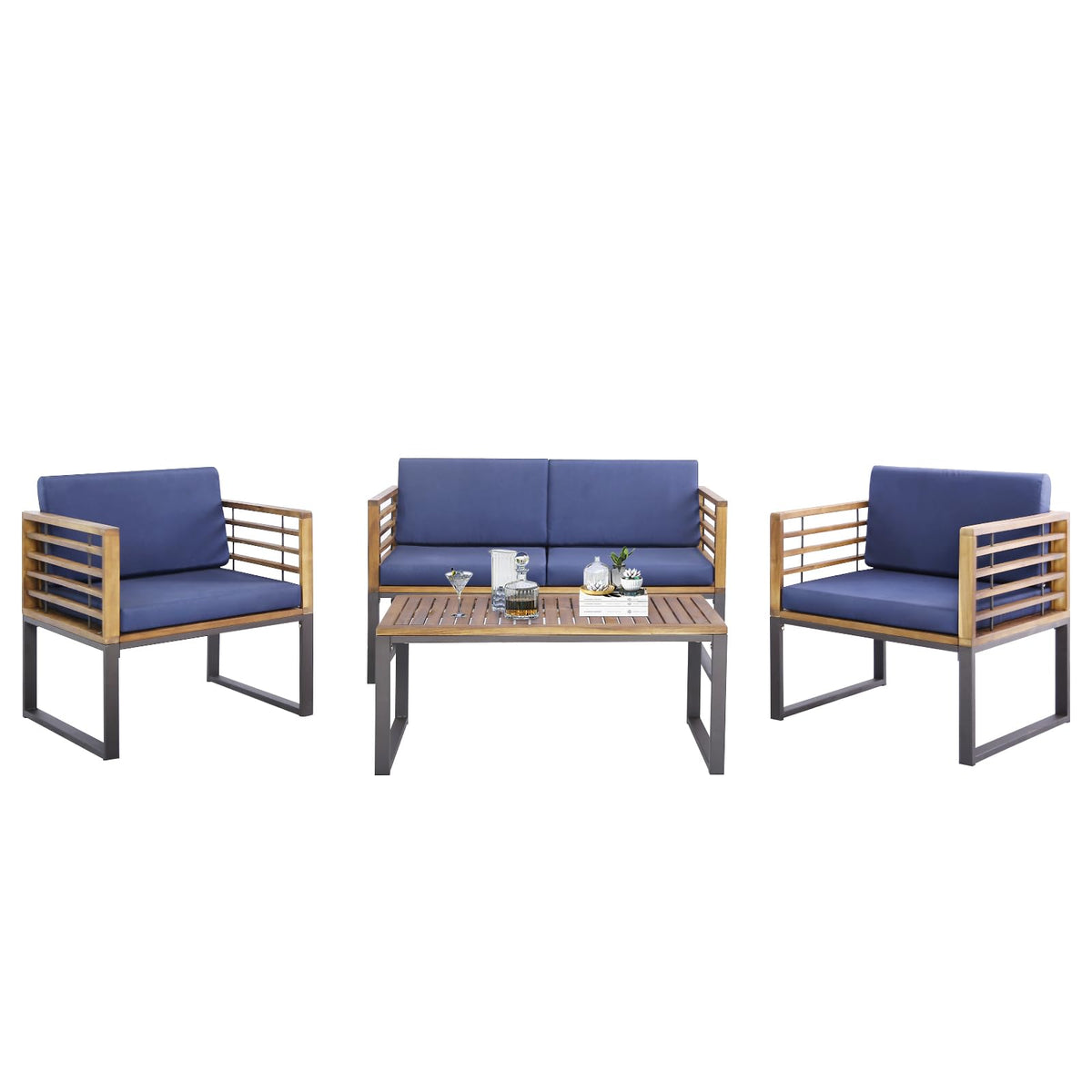 4 Piece Patio Chair Set with Soft Seat & Back Cushions for Backyard