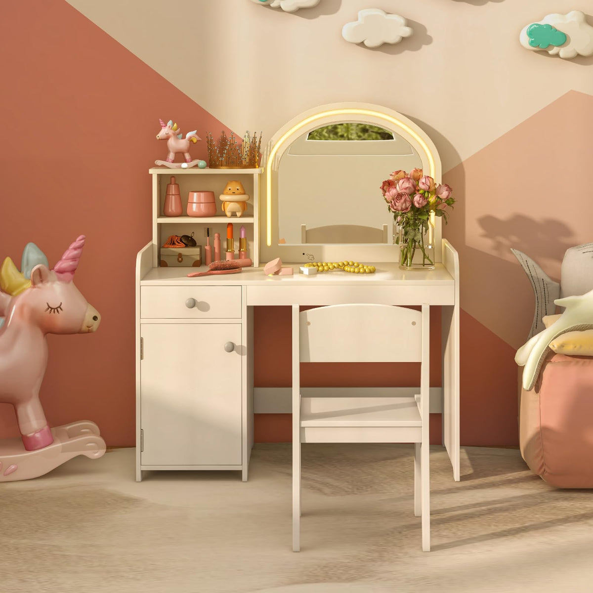 Makeup Table and Chair Set with Acrylic Mirror and 2-Colour LED Lights