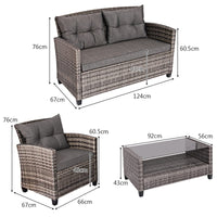 Outdoor Furniture Sofa Set, 4 Pcs Patio Rattan Conversation Set, w/ Tempered Glass Tabletop & Soft Cushions, Mixed Gray