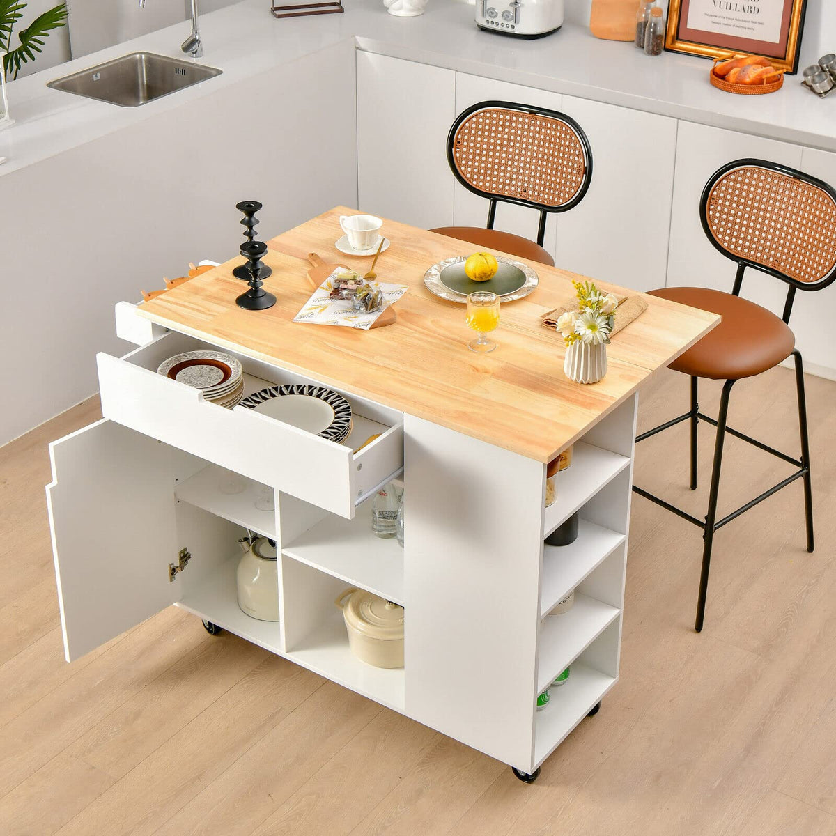 Giantex Kitchen Island Cart, Large Trolley Cart w/ Drop-Leaf Tabletop, Large Cabinet, 3 Drawers