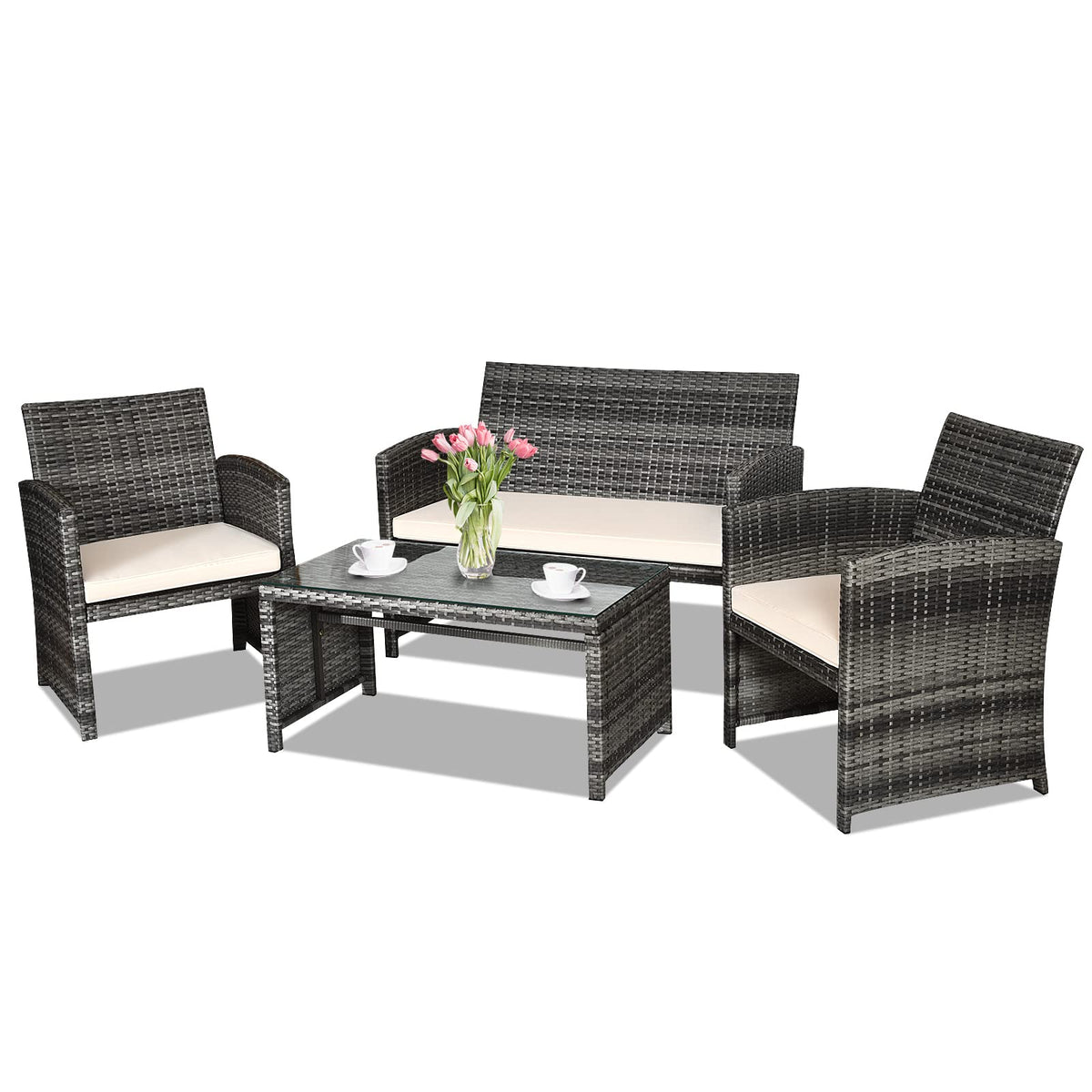 4PCS Patio Rattan Furniture Set Conversation Glass Table Top Cushioned Sofa