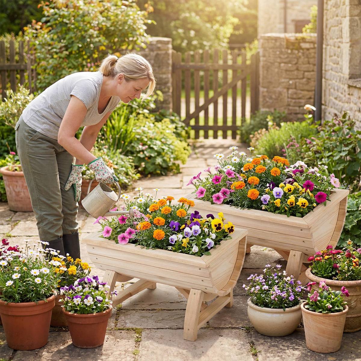 Set of 2 Wood Raised Garden Beds, Half-Barrel Planter Boxes