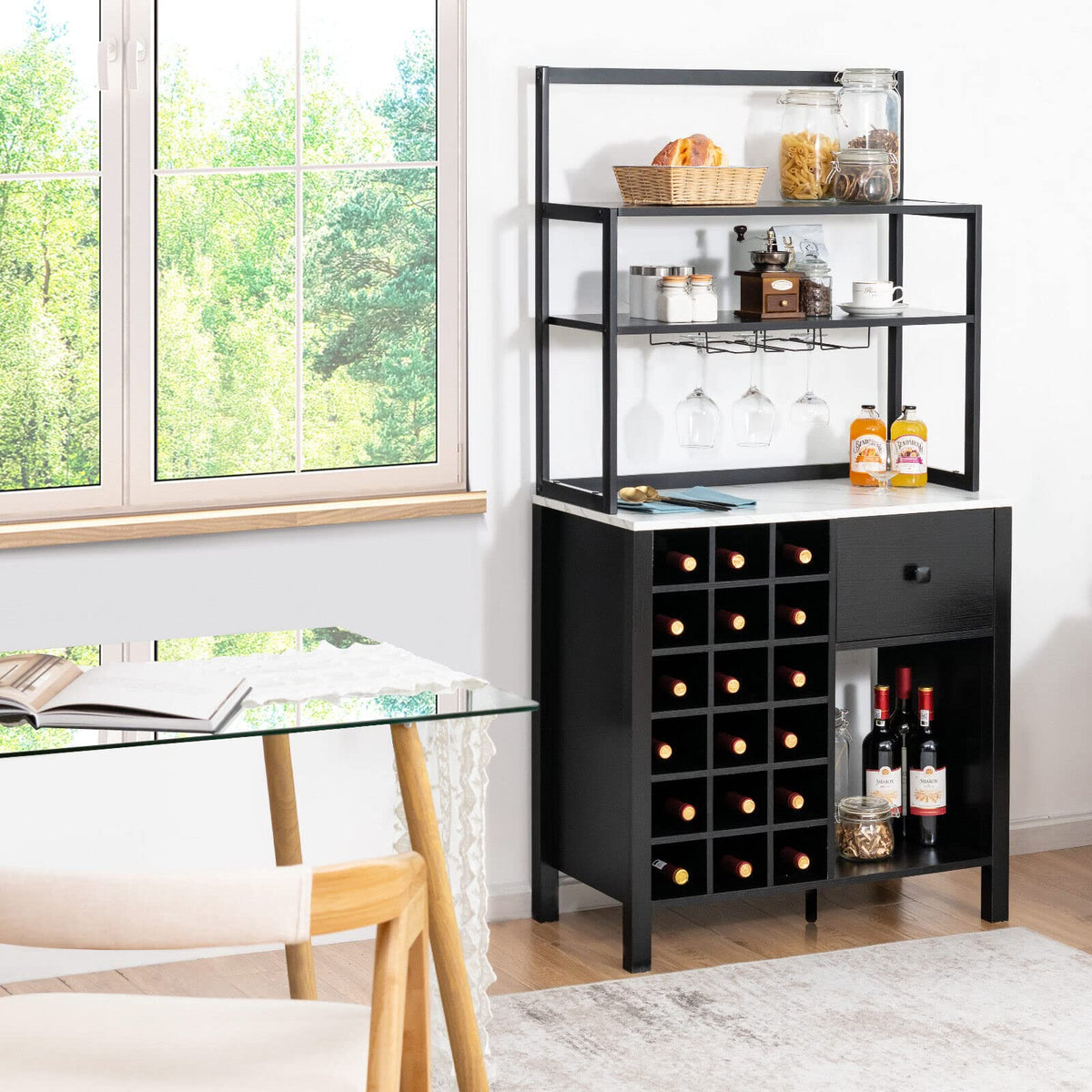 Giantex Kitchen Wine Rack, Freestanding Cabinet w/ Wine Glass Holder & Drawer, 4-Tier Bakers Rack