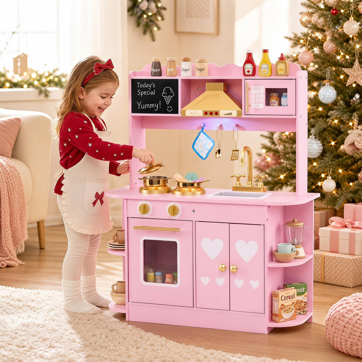 Wooden Play Kitchen for Kids Toddlers with Real Lights and Sounds